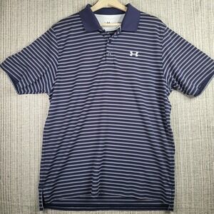 Under‎ Armour Shirt Mens Large Blue White Striped HeatGear Golf Athletic Polo